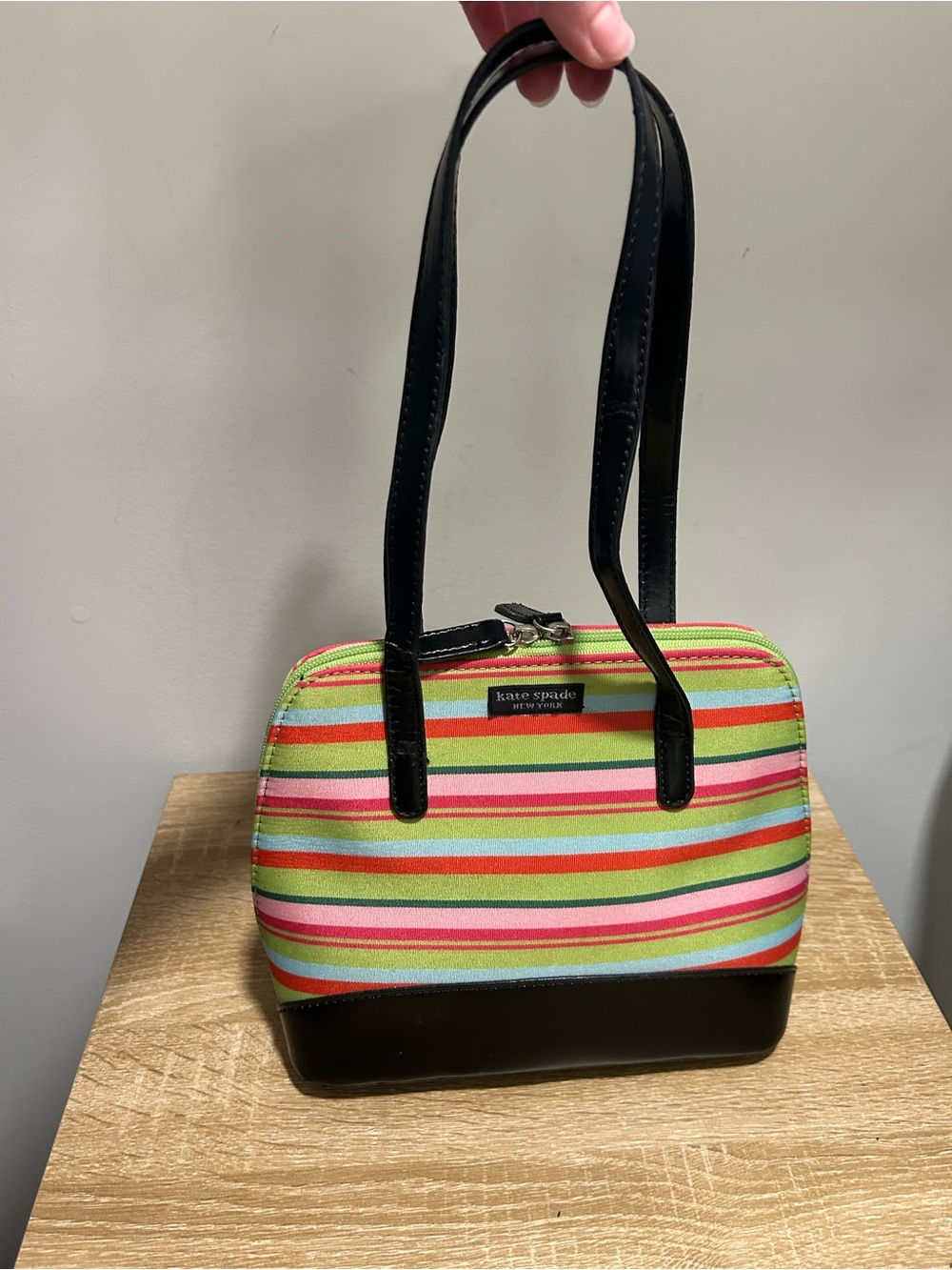 Vintage Kate Spade Multicolor Striped Tote Bag with Black Trim Rare Y2K